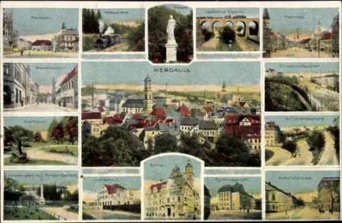Ak Werdau an der Pleiße in Sachsen, Marktplatz, Park, Lutherhaus, Kgl. Amtsgericht, Rathaus, Viadukt