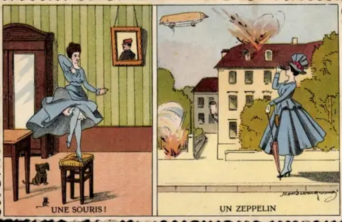 Künstler Ak Une Souris, Un Zeppelin, französ. Frau erschreckt sich vor Maus, betrachtet Luftschiff