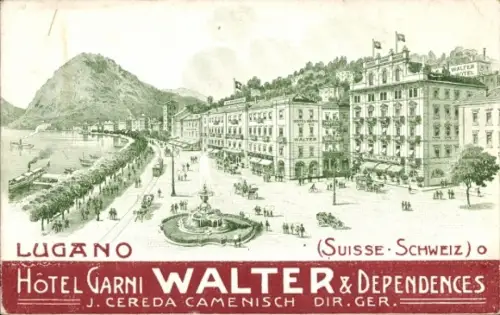 Litho Lugano Kanton Tessin Schweiz, Hotel Garni Walter, Promenade, Reklame