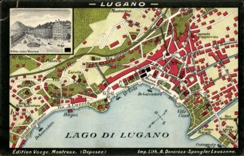 Stadtplan Ak Lugano Kanton Tessin Schweiz, Lago di Lugano, Hotel Belvedere
