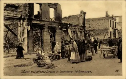 Ak Szczytno Ortelsburg Ostpreußen, Ostpreußenhilfe, Markt, Kriegszerstörungen