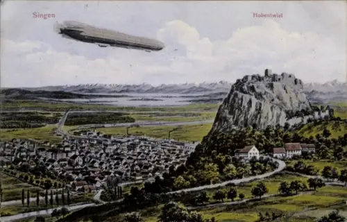 Ak Singen Hohentwiel Baden Württemberg, Gesamtansicht, Zeppelin