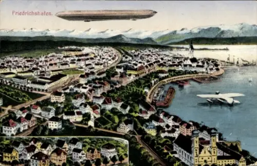 Ak Friedrichshafen am Bodensee, Gesamtansicht, Zeppelin, Wasserflugzeug