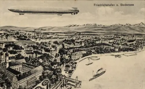 Ak Friedrichshafen am Bodensee, Gesamtansicht, Zeppelin über der Stadt, Luftbild