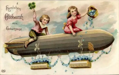 Ak Kinder mit Zeppelin unterwegs, Vergissmeinnicht, Srdecne prani