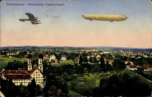 Ak Friedrichshafen am Bodensee, Villenquartier, Zeppelinstraße, Wasserflugzeug, Zeppelin
