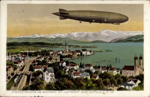 Ak Friedrichshafen am Bodensee, Gesamtansicht, Zeppelin über der Stadt, Z 127