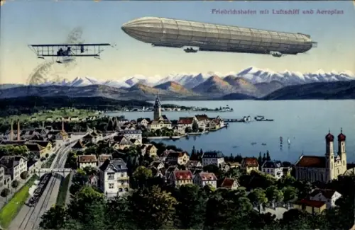 Ak Friedrichshafen am Bodensee, Panorama, Zeppelin, Flugzeug, Dampflok
