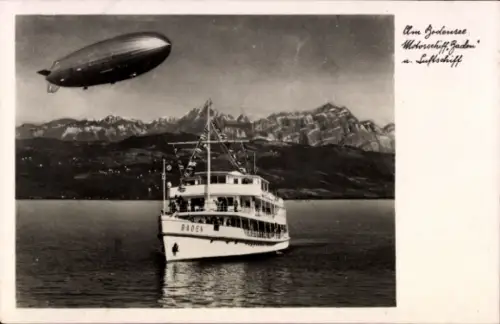 Ak Bodensee, Motorschiff Baden, Luftschiff