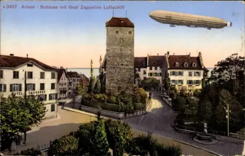 Ak Arbon am Bodensee Kanton Thurgau, Schloss mit Graf Zeppelins Luftschiff