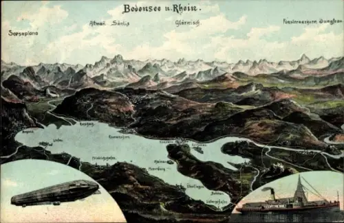 Landkarten Ak Konstanz am Bodensee, Panorama mit See und Gebirge, Zeppelin, Salondampfer
