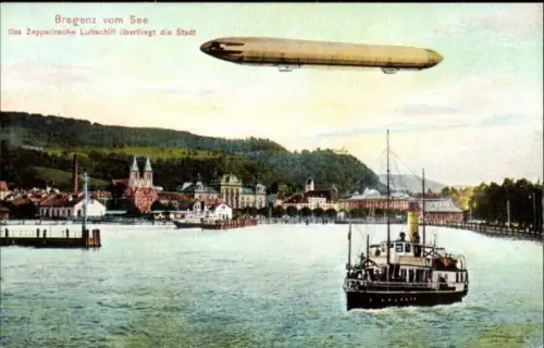 Ak Bregenz am Bodensee Vorarlberg, Zeppelin, Dampfer