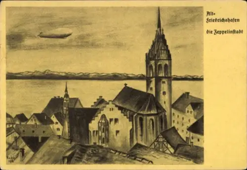Künstler Ak Kuhn, Friedrichshafen am Bodensee, Teilansicht, Zeppelin