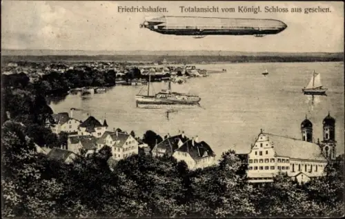 Ak Friedrichshafen am Bodensee, Totalansicht, Zeppelin, Königliches Schloss