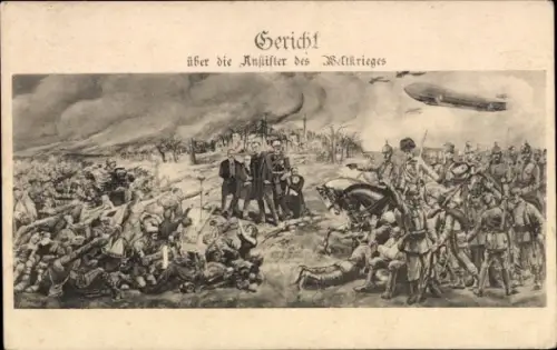 Ak Gericht über die Anstifter des Weltkrieges, Zeppelin über Stadt