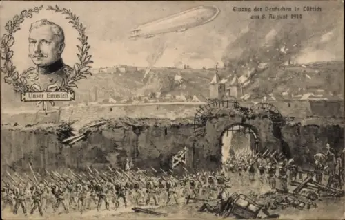 Ak Einzug der Deutschen in Lüttich, 8. August 1914, Zeppelin über Stadt, Unser Emmich