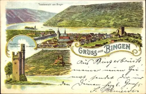 Litho Bingen am Rhein, Panorama, Mäuseturm, Ruine Ehrenfels