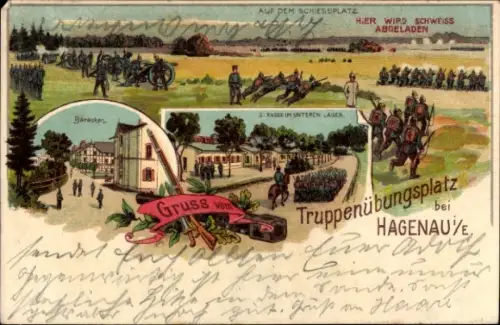 Litho Haguenau Hagenau im Elsass Bas Rhin, Truppenübungsplatz, Baracken, Schießplatz