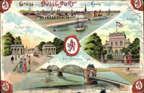 Wappen Litho Düsseldorf am Rhein, Neue Rheinbrücke, Malkasten, Ratinger Tor