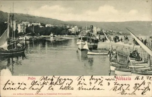 Ak Opatija Abbazia Kroatien, Hafenpartie mit Dampfer