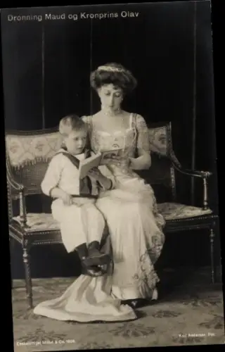 Ak Königin Maud von Norwegen, Kronprinz Olav, Portrait