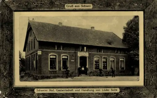 Präge Passepartout Ak Schwei Stadland in Oldenburg, Schweier Hof, Gastwirtschaft und Handlung