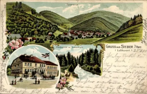 Litho Sieber Herzberg am Harz, Gesamtansicht, Wald im Siebertal, Hotel zur Krone