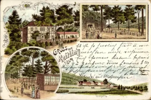 Litho Reitling im Elm Erkerode Niedersachsen, Teichpartie, Voss-Höhle, Terrasse