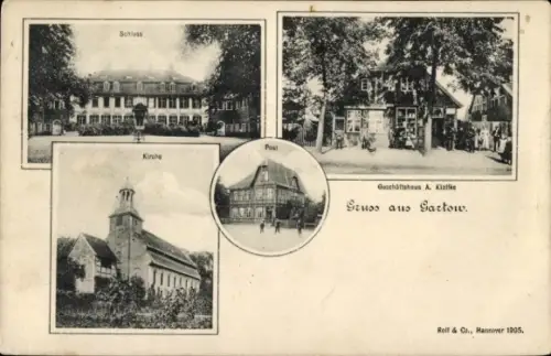 Ak Gartow im Wendland, Schloss, Post, Kirche, Geschäftshaus A. Klaffke
