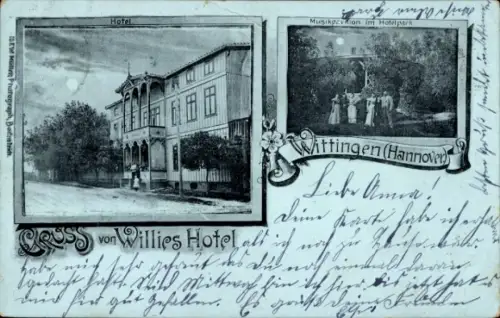 Mondschein Ak Wittingen in Niedersachsen, Willies Hotel, Musikpavillon im Hotelpark