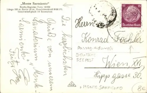 Ak Doppelschrauben Motorschiff Monte Olivia, HSDG, Nachtaufnahme