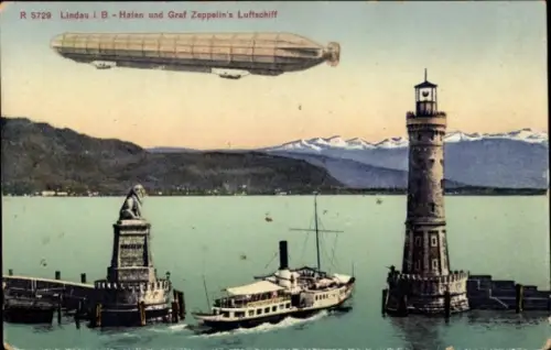 Ak Lindau am Bodensee Schwaben, Zeppelin, Leuchtturm, Hafeneinfahrt