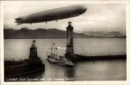 Ak Lindau in Bodensee Schwaben, Graf Zeppelin, LZ 127, Lindauer Hafen, Salondampfer