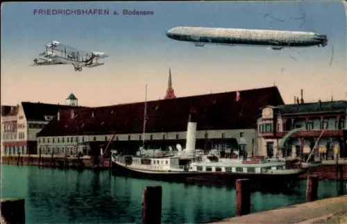Ak Friedrichshafen am Bodensee, Zeppelin über der Stadt, Doppeldecker, Dampfer