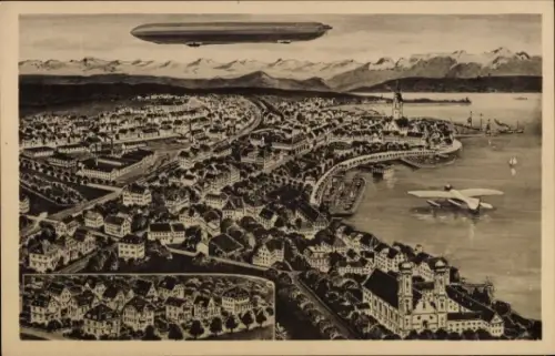 Ak Friedrichshafen am Bodensee, Gesamtansicht, Zeppelin über der Stadt
