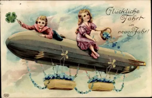 Präge Ak Glückwunsch Namenstag, Kinder auf Zeppelin, Blumen, Kleeblatt, EAS