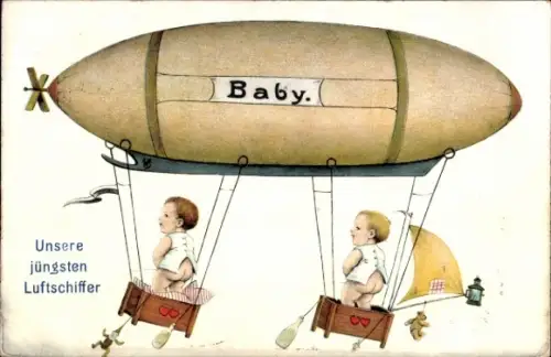 Ak Unsere jüngsten Luftschiffer, Pinkelnde Jungen, Zeppelinfahrt