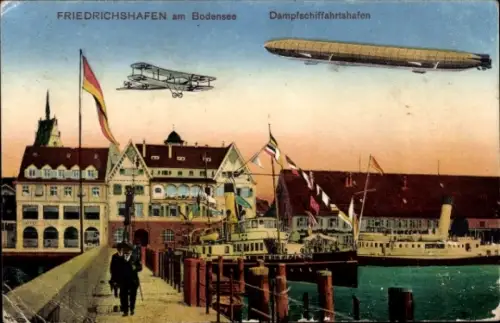 Ak Friedrichshafen am Bodensee, Zeppelin über der Stadt, Dampfschiffahrtshafen