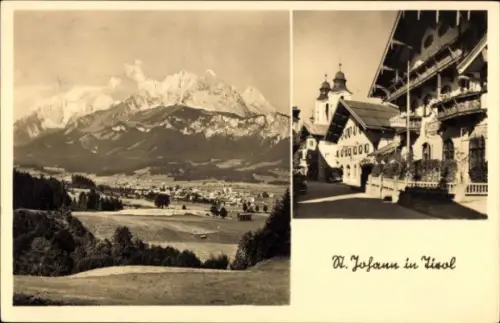 Ak St Johann Tirol, Straßenansicht, Panorama, Alpen, Kirche