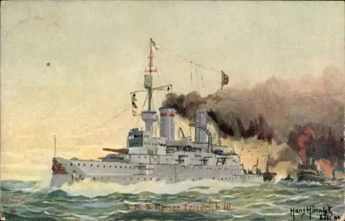 Künstler Ak Hörnigk, Hans, Deutsches Kriegsschiff, SMS Kaiser Friedrich III, Kaiserliche Marine