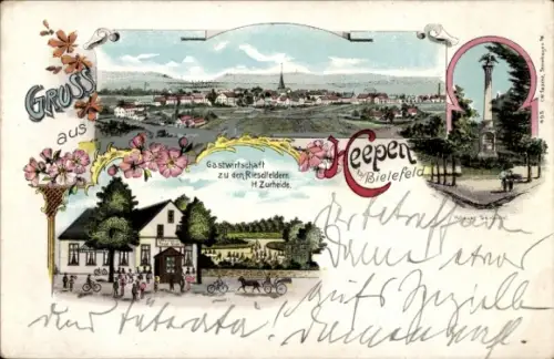 Litho Heepen Bielefeld, Gesamtansicht, Gastwirtschaft, Kriegerdenkmal