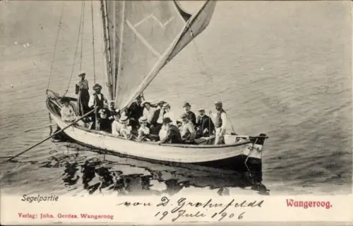 Ak Nordseebad Wangerooge in Ostfriesland, Segelboot, Passagiere