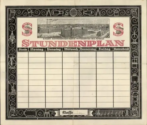 Stundenplan Singer Nähmaschinenfabrik, Wittenberge, Firmengelände um 1920