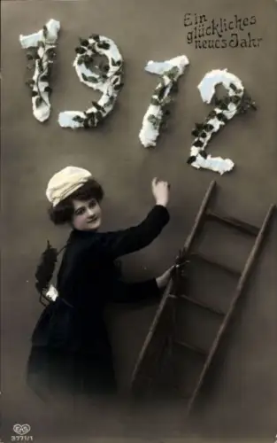 Ak Glückwunsch Neujahr, Jahreszahl 1912, Frau als Schornsteinfeger