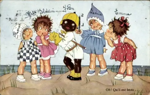 Ak Junger Afrikaner und vier Mädchen, Kinder-Porträts