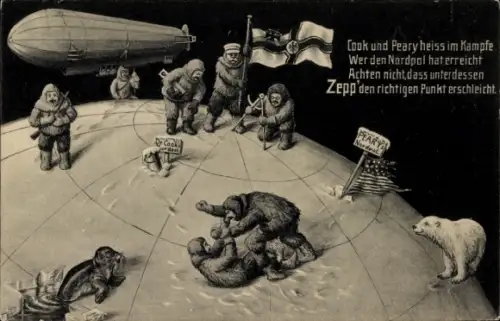 Ak Zeppelin am Nordpol, Flagge, Vermessung, Entdecker Cook und Peary im Kampf