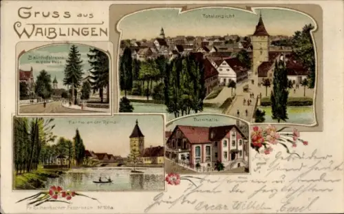 Litho Waiblingen in Württemberg, Gesamtansicht, Bahnhofstraße, Villa Hess, Rems, Turnhalle