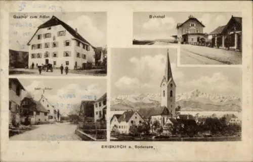 Ak Eriskirch am Bodensee, Gasthof zum Adler, Bahnhof, Kirche