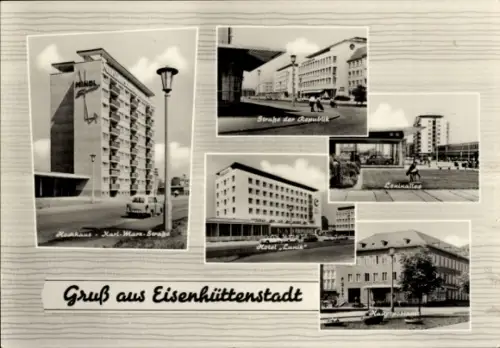 Ak Eisenhüttenstadt in Brandenburg, Hochhaus Karl Marx Straße, Straße der Republik, Leninallee