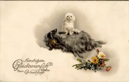 Litho Glückwunsch Geburtstag, Blumen, Hunde, Dackel